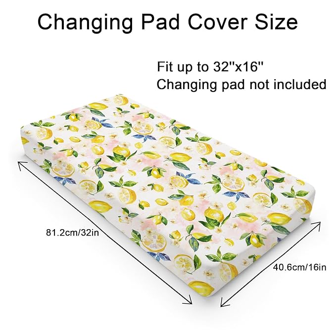 Watercolor Lemons Leaves Changing Pad Covers Summer Lemon Boho Flowers Leaves Fitted Baby Changing Table Sheets for Boy Girl Fruits Soft Breathable Stretch Diaper Change Table Pad Mats 32''x16''