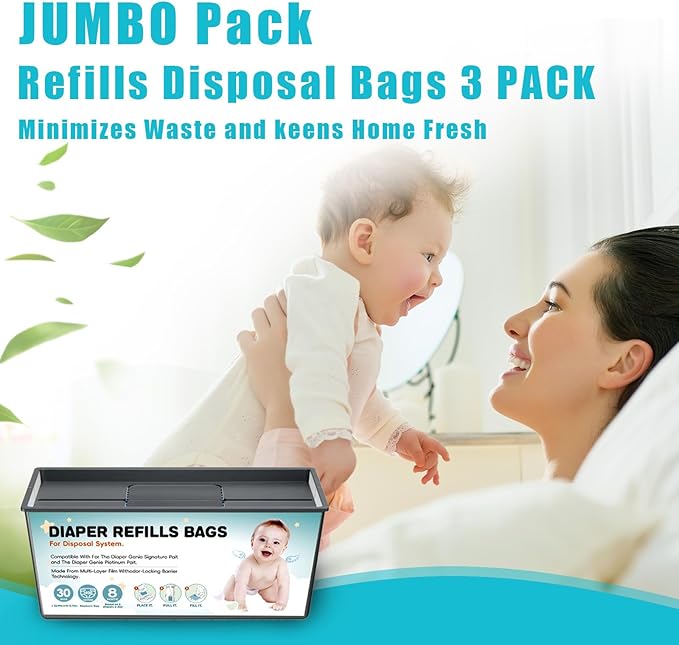 90 Bags Diaper Pail Refills Bags Compatible with Genie Easy Roll Signature and Platinum Diaper Pails | 7-Layer,Odor Barrier Technology| Holds Up to 4330 Newborn Diapers, 3 Pack