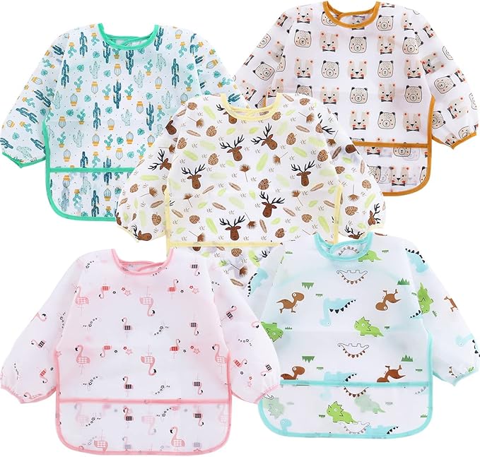 PandaEar 5 Pack Long Sleeve Bibs for Babies 6-24 Months, Lightweight Waterproof Toddler Smock for Eating & Messy Art, Washable Weaning Bibs with Stay-Open Pocket, Breathable & Travel-Friendly