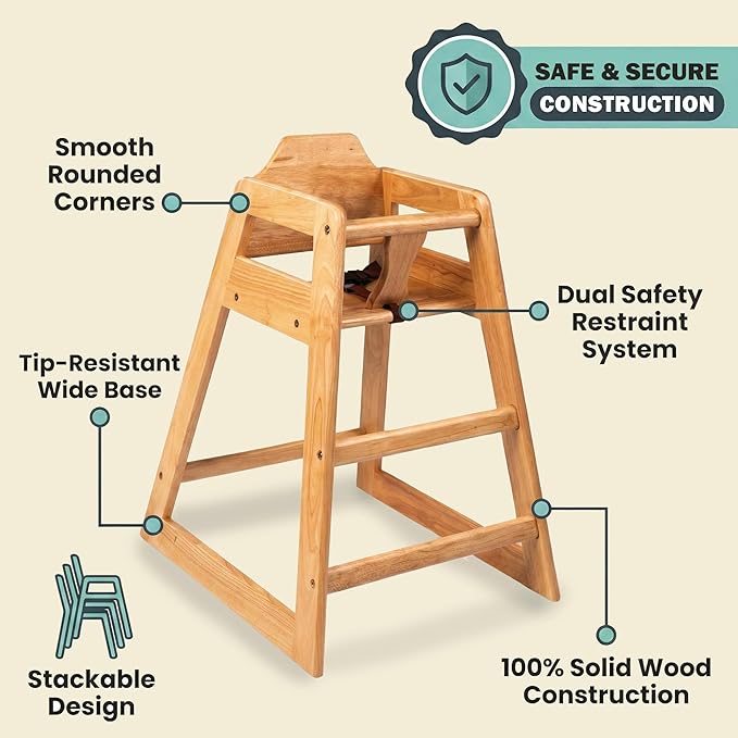 LA Baby Wooden High Chair - Restaurant Style Solid Wood Highchair for Babies and Toddlers - ASTM F404 Safety Certified - Stackable Design - Natural