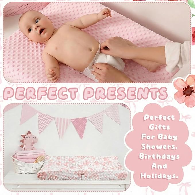 SmoothNovelty 3 Pcs Pink Bow Baby Changing Pad Covers, Flowers Changing Table Cover for Girls, 32 x 16 in Minky Table Sheets, Soft Velvet Nursery Decor, Baby Items