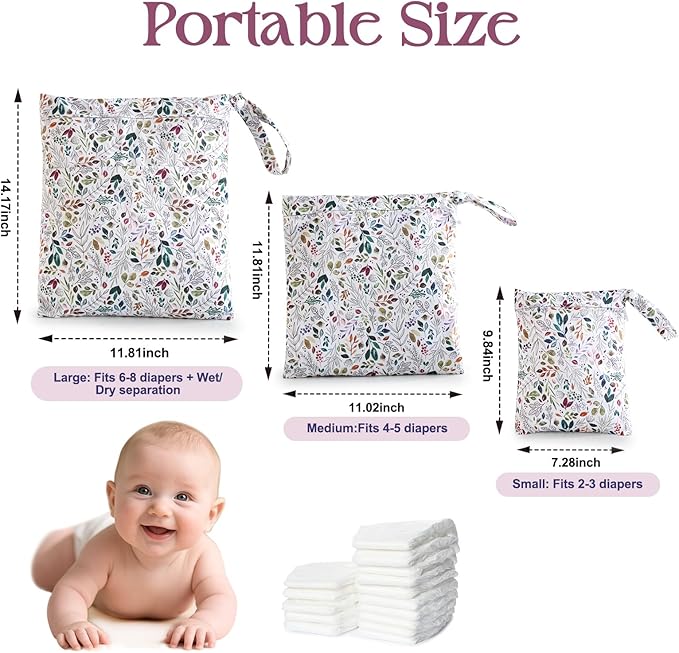 3 PCS Waterproof Wetbag, Wet Bags for Baby Cloth Diapers and Soiled Clothes, Reusable Wet Bag for Swimsuit and Towels with Double Zipper Pockets, Travel Beach Pool Essentials