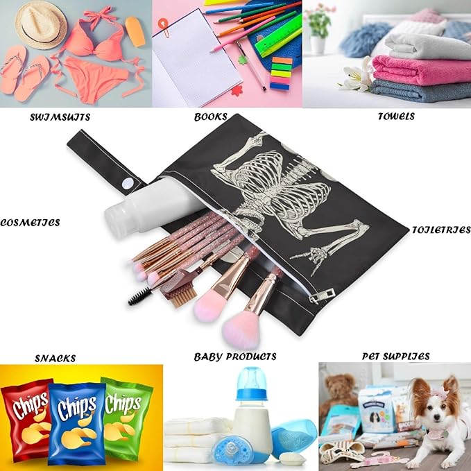 visesunny Funny Human Skeleton 2Pcs Wet Bag with Zippered Pockets Washable Reusable Roomy for Travel,Beach,Pool,Daycare,Stroller,Diapers,Dirty Gym Clothes, Wet Swimsuits, Toiletries