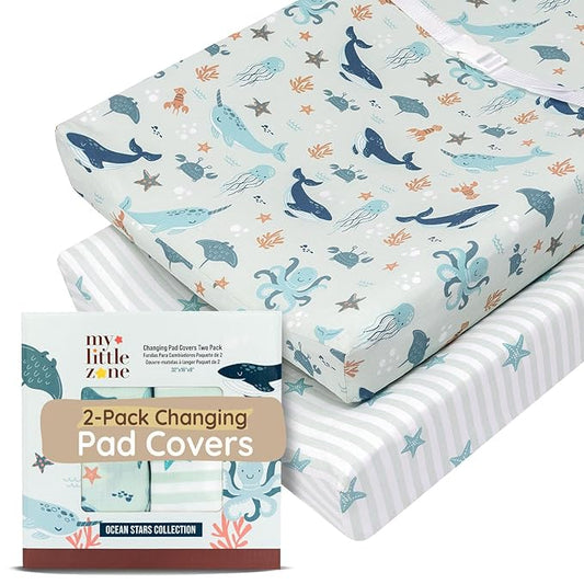 Baby Changing Pad Covers Girl 32"x16", 8" Deep Pocket - Diaper Changing Pad Cover Nautical, 100% Cotton Ocean Whale Diaper Change Table Sheet for Girl & Boy, 2 Pack, Designed in France, Teal-White