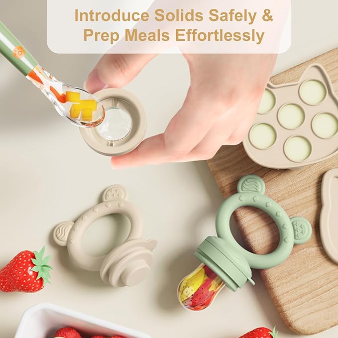 Baby Breastmilk Popsicle Molds & Baby Fruit Feeder (4 Pack), Infant Food Freezer Tray Storage Containers, Silicone Teething Pacifier Feeder and Teether for Babies,Boys and Girls-Beige&Green