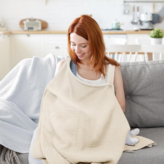 MEXXI Muslin Nursing Cover for Breastfeeding, Breathable Breastfeeding Cover for Women, Lightweight Nursing Blanket with Arch Neckline