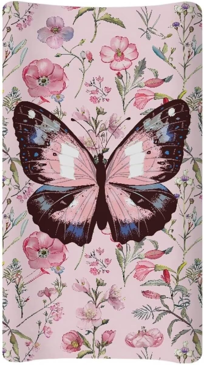 Pink Rose Butterfly Change Pad Covers, Water Resistant Baby Diaper Change Table Covers Soft Contoured Pad Covers for Newborn Baby Boys Girls