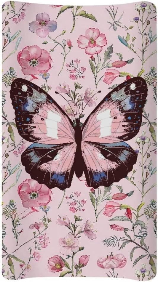Pink Rose Butterfly Change Pad Covers, Water Resistant Baby Diaper Change Table Covers Soft Contoured Pad Covers for Newborn Baby Boys Girls