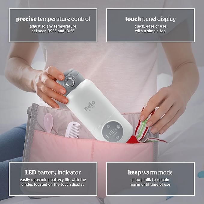 NELO Portable Milk Warmer with Large 16oz Capacity, Super Fast Charging, Fast Heating, Cordless, Formula, Breastmilk, & Water Warmer, Real-Time Temp Display, Perfect For Travel and Busy Moms, BPA Free