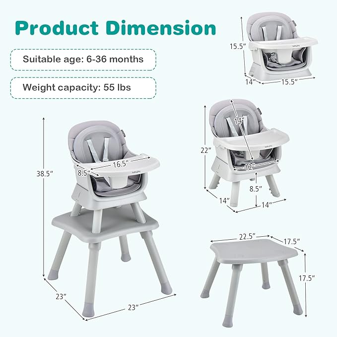 HOMGX Baby High Chair, 8-in-1 Convertible High Chair w/Removable Tray & Safety Harness, Infant Dining Booster Seat, Building Block Table & Chair Set, Highchair for Babies and Toddlers (Grey)
