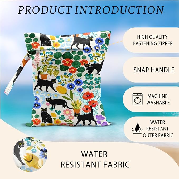 Cat Wet Bags 12x10 Inch, Colorful Floral Waterproof Wet Dry Bags, Flowers Washable Travel Laundry Bag for Swimsuit Pool Beach Diapers Dirty Yoga Gym Clothes, Cat Gifts for Women Friend Travelers