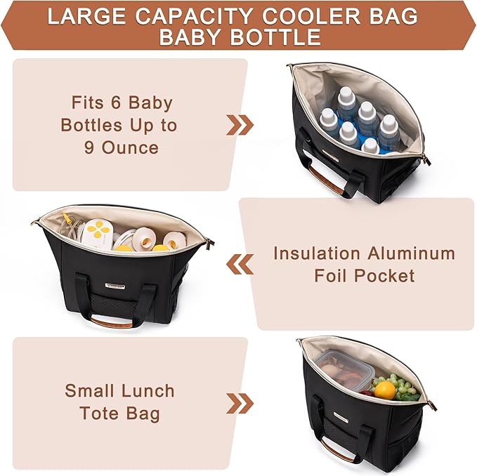 Breastmilk Cooler Bag with Ice Pack Fits 6 Baby Bottles up to 9 Ounce, Wearable Breast Pumps Cooler Bag for Nursing Mom Daycare, Work, Travel(Black)