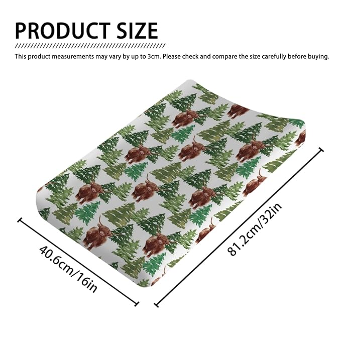 Highland Cows Christmas Pine Trees Changing Pad Cover Yak Winter Forest Diaper Changing Pad Cover Sheets for Boys Girls Soft Stretch Fitted Diaper Change Table Mats Covers 32''x16''