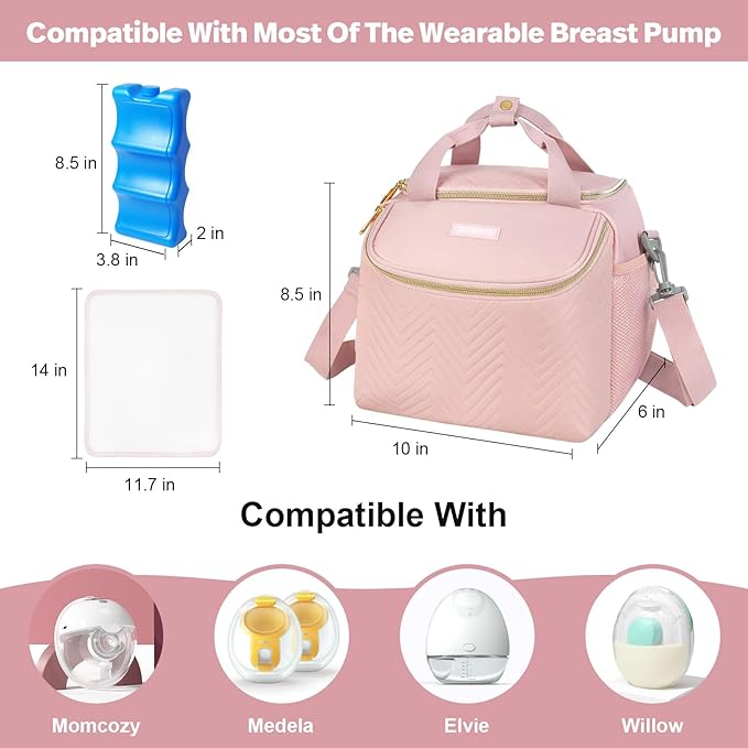 Wearable Breast Pump Bag,Breastmilk Cooler Travel Bag Compatible with Momcozy/Eufy/Elvie/Willow/Medela Breast Pump with Ice Pack and Water Resistent Mat for 6 Baby Bottles Up to 9 Ounce,Pink