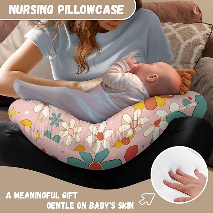 Hippie Flower Nursing Pillow Cover for Breastfeeding – Soft, Comfortable & Washable, Pink Cow Print Design, Ideal for New Moms