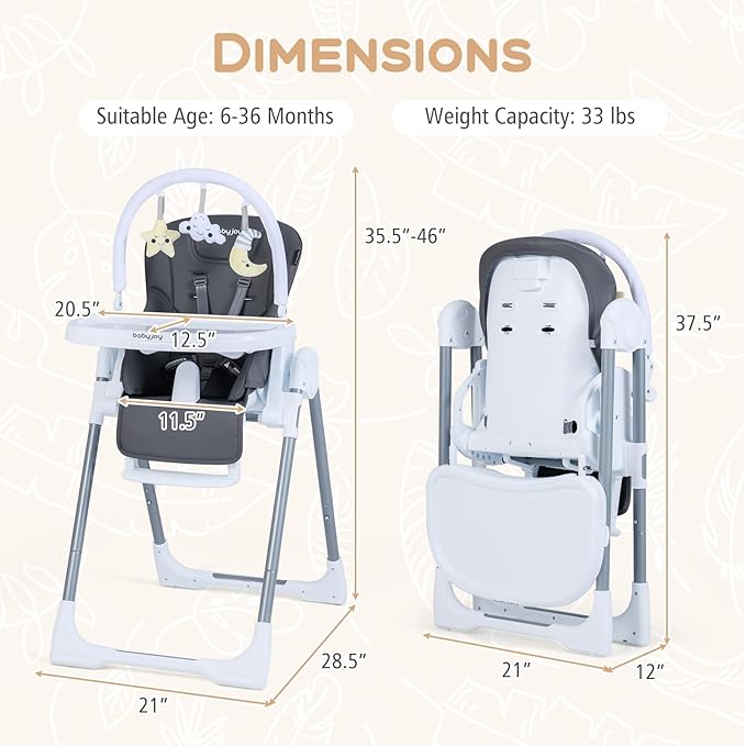 BABY JOY Foldable High Chair, Portable Highchairs for Babies and Toddlers with 7 Heights, 5 Recline Positions, Adjustable Foot Rest, Double Removable Tray & Built-in Wheels (Dark Gray)