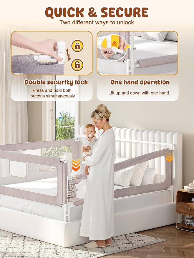 VBABY 3-Piece King Size Bed Rails for Toddler, Adjustable Height Baby Bed Rail Guard, Reinforced Bed Protection Fence for Baby, Grey, 74.8 x 78.7 x 78.7 in