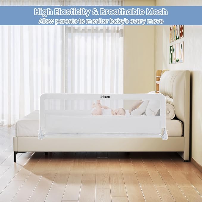 INFANS Bed Rail for Toddlers, 59" Foldable Safety Baby Crib Rail Fit for Kids Twin, Extra Long Swing Down Bed Guardrail for Convertible Crib, Queen, Full, King Mattress Side Guard (White)