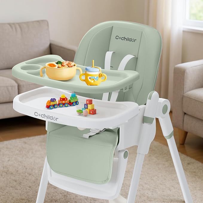 Cochildor 3-in-1 Foldable High Chair for Babies & Toddlers – Adjustable Height, Reclining Seat, 5-Point Safety Harness, Removable Tray, Lockable Wheels, Washable Cushion – Portable & Easy Clean, Green