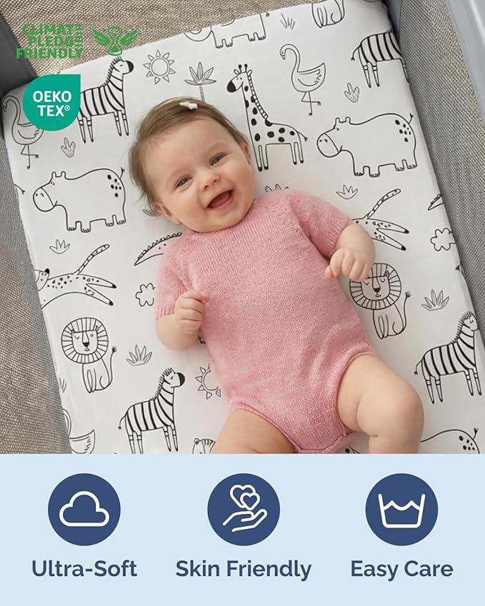 Pack and Play Sheets Fitted - 2 Pack Mini Crib Sheets for Pack N Play Mattress - Unisex Playard Microfiber Bedding for Boys & Girls - Soft, Breathable & Wrinkle Free - Oeko-Tex, 38 x 26in - Zoo Sketch