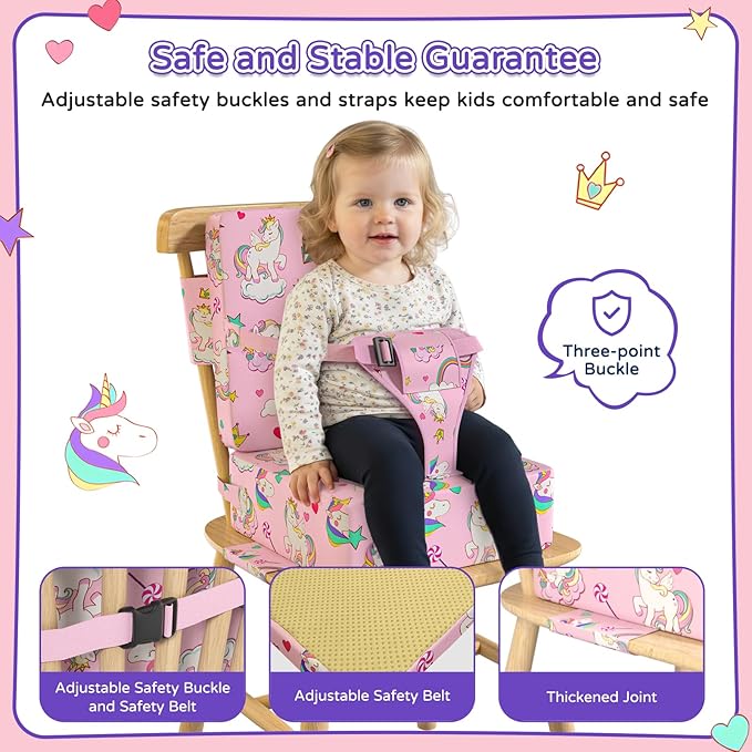 Booster Seat for Kitchen Chair with Backrest & 4 Adjustable Straps, TPU Waterproof & Anti-Scratch Toddler Booster Seat for Dining Table, Removable & Non-Slip(Unicorn)