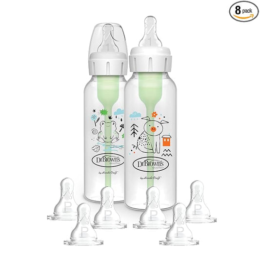 Dr. Brown's Natural Flow Anti-Colic Options+ Narrow Baby Bottle, Pig & Frog, 8 oz/250 mL, with Level 1 Slow Flow Nipple, BPA free, 0m+, 2-Pack and Preemie Flow 6-Pack Nipples