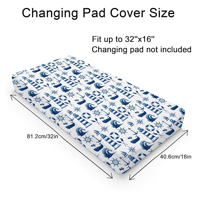 Navy Nautical Life Changing Pad Cover Marine Ocean Lighthouse Compass Whale Changing Table Cover for Baby Boys Girls Soft Breathable Stretchy Fitted Diaper Changing Mat Sheets 32''x16''