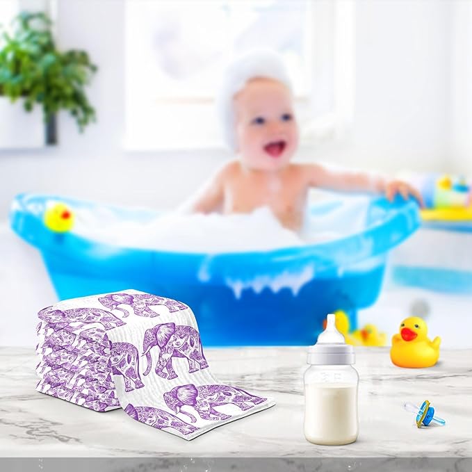 vvfelixl Purple Outline Elephant Baby Burp Cloths Baby Muslin Washcloths for Boys Girls Cotton Babys Face Towel for Newborn Infants Soft and Absorbent 11.8 X 11.8 in, 5 Pack
