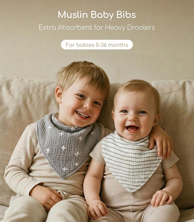 Muslin Baby Bibs 8 Pack, Baby Bandana Drool Bib for Drooling and Teething, Cotton Soft Absorbent for Girls Boys (Grey Animals)