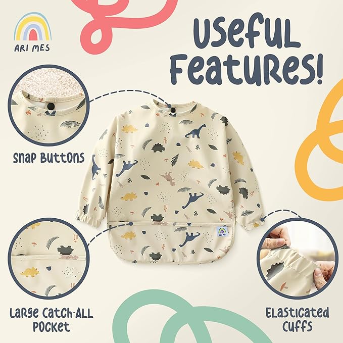 ARI MES Waterproof Long Sleeve Baby Bib for Eating-Dinosaur Pattern, Medium-Toddler Smock with Catch-All Pocket, BPA Free, Machine Washable, Wearable Feeding Bib for Boys & Girls 6-72 Months