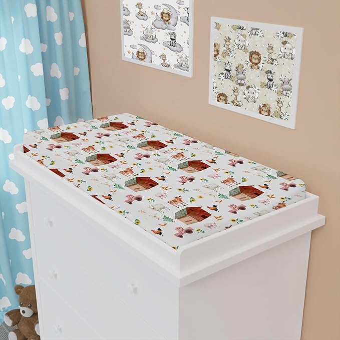 Watercolor Farm Animals Changing Pad Cover Barn Cow Lamb Chicken Pig Hen Duck Tractor Diaper Change Table Cover Sheets for Boys Girls Soft Stretchy Fitted Changing Mat Sheets 32''x16''