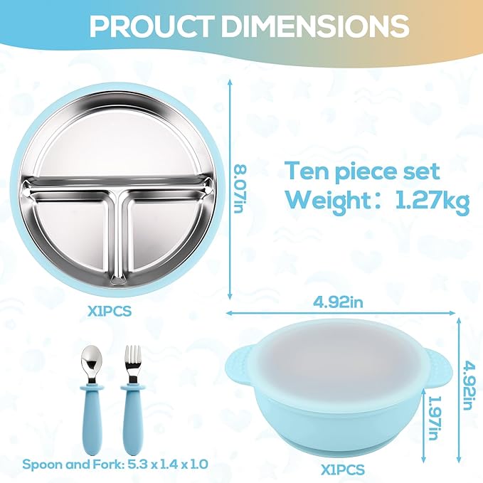 Mity rain Stainless Steel & Silicone Toddler Plates and Bowls Set with Suction,5-Piece Suction Plates & Bowls for Toddler,Removable Shell,Silicones Baby Plates for Independent Eating(Light Blue) ﻿