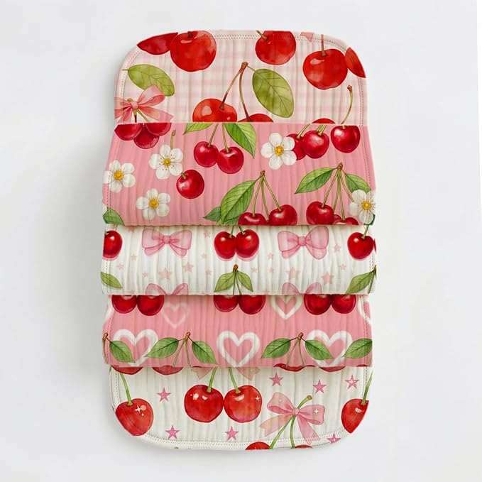 5 Pack Baby Burp Cloths, Soft Cotton Sweet Cherry Theme Burp Cloths, Super Absorbent Cute Fruit Orchard & Gingham Print Washcloths, Newborn Baby Girl Essentials Gift Set