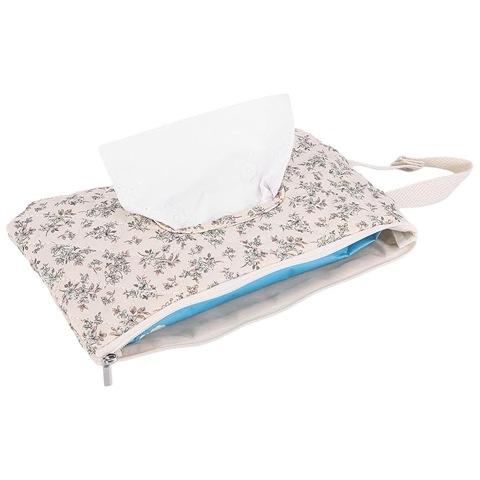 Quilted Baby Wipe Holder, Canvas Floral Quilted Pouch with Hanging Strap, Portable Diaper Wipe Holder for Travel Stroller-Polka Dots