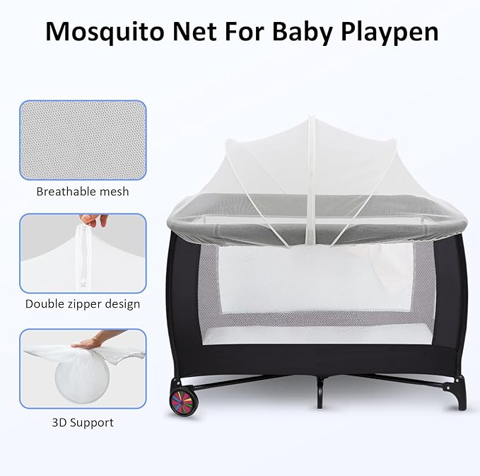 Mosquito Net for Pack n Play, Pack and Play Cover, Travel Crib Net to Keep Cats Out, Crib Tent with 2-Way Zipper for Playpen, Mini Crib, White