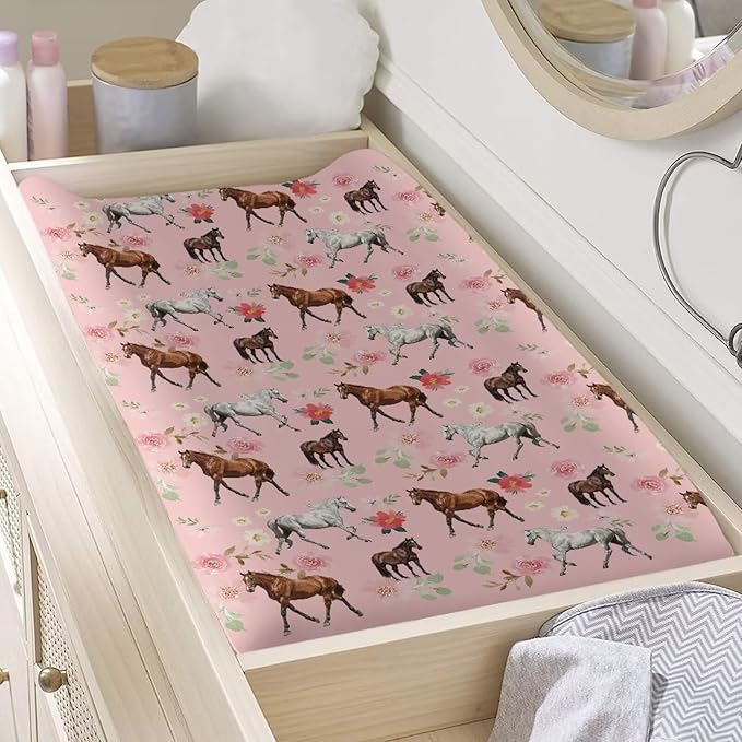 Horse Changing Pad Cover for Baby Pink Comfy Diaper Pad Covers for Changing Table 16x32 Inch Washable Cradle Mattress Sheets Gift for Holiday
