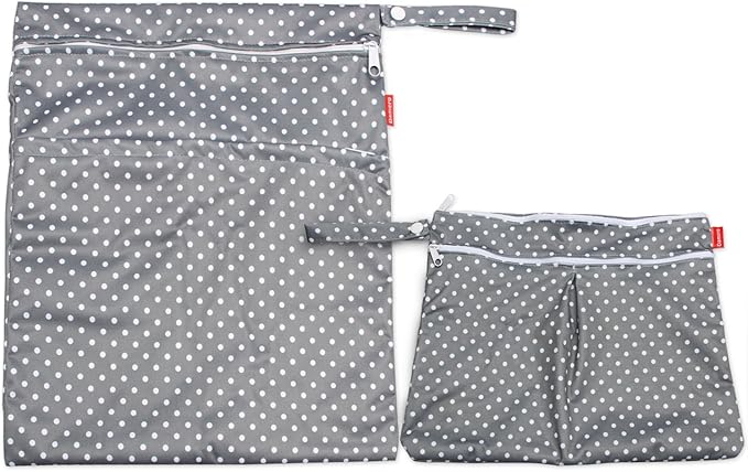 Damero 2pcs Wet and Dry Bag, Travel Wet Dry Bag with Handle for Cloth Diaper, Pumping Parts, Clothes, Swimsuit and More, Gray Dots