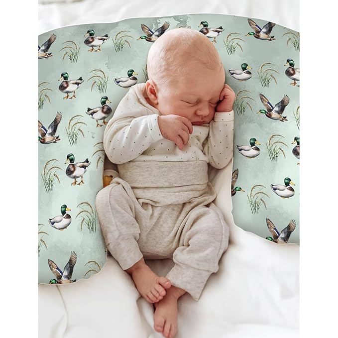 Vintage Mallard Ducks Baby Nursing Pillow Covers for Boy Girl Hunting Duck Green Leaves Nursing Slipcovers for Breastfeeding Pillows Soft Stretchy Removable Covers for Newborn Infant Nursery