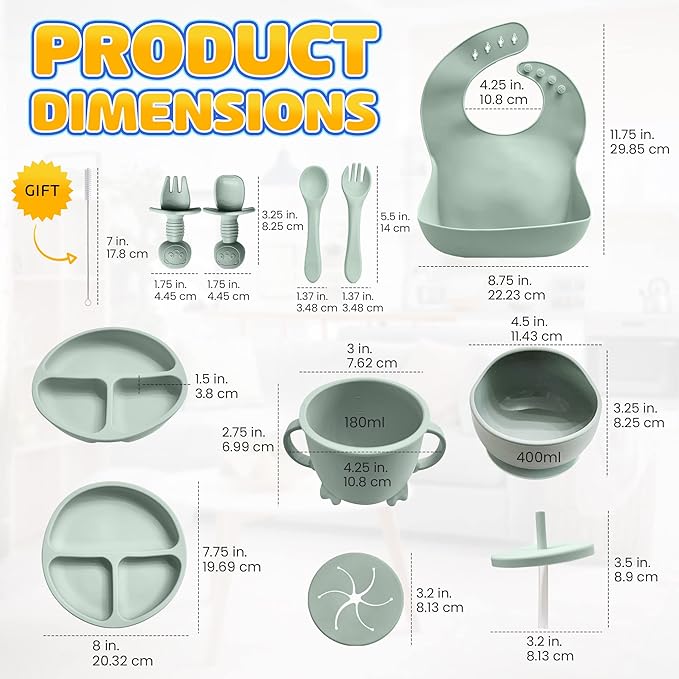 HippoBaby Baby Led Weaning Supplies | 10 Piece Silicone Baby Feeding Set, Baby Toddler Bib Cup Divided Plate and Bowl Self Feeding Spoons Dish Set,Baby Utensils | Toddler Feeding Supplies