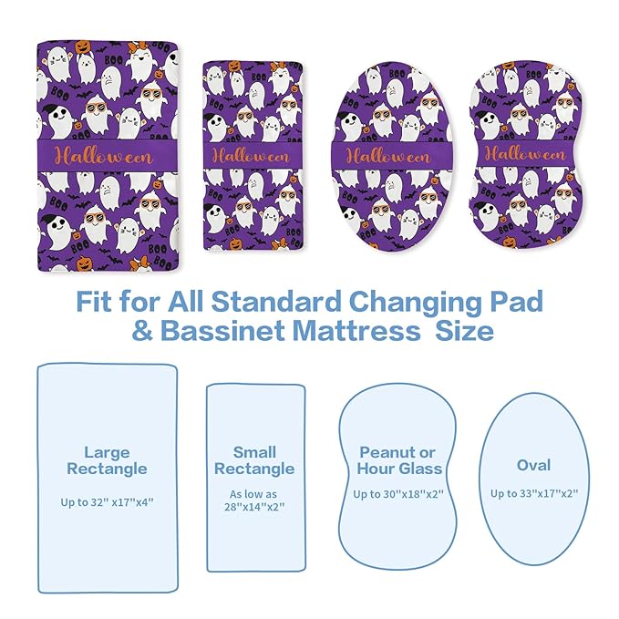 KAINSY Personalized Halloween Changing Pad Cover, Custom Diaper Change Table Sheets with Name, Purple Ghost Print Soft Jersey Knit Change Table Sheets, 2 Pack Changing Pad Covers (16" x 32")