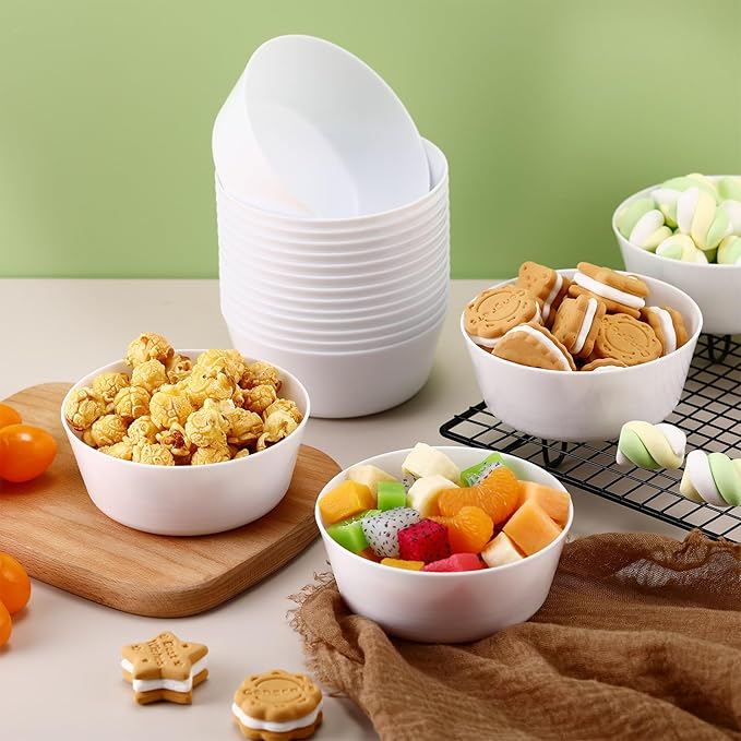 Foaincore 18 Pcs Kids Plastic Bowls 10 oz Cereal Snack Microwave Dishwasher Safe Toddler Bowls Kids Colorful Snack Children Salad Dessert Soup Supplies(White)