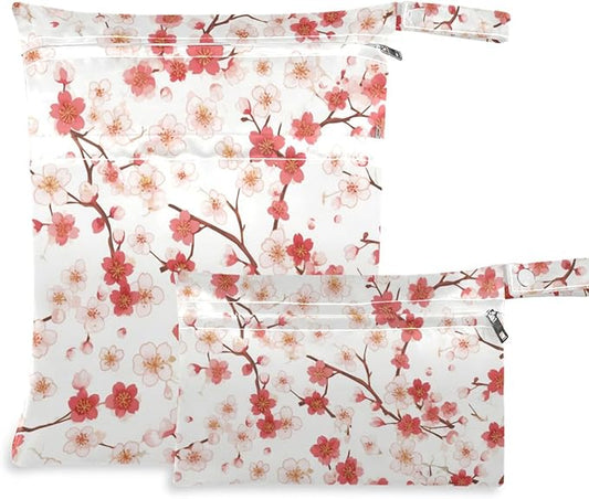 Red and FLOWER and whites waterproof bag for baby 2 Pack wet bag for swimsuit with handles for baby diapers, pool