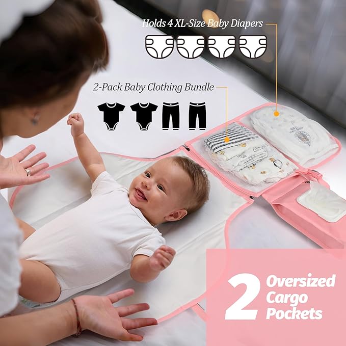 PZU Portable Diaper Changing Pad - Changing Pad Portable with Wipes Pocket, Waterproof Diaper Changing Mat, Portable Changing Pad for Baby, Newborn Gift (Pink)
