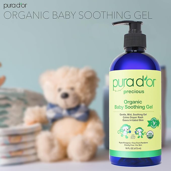 PURA D'OR 16 Oz ORGANIC Baby Soothing Gel For Sensitive Skin - Diaper Rash & Irritation Relief with Aloe Vera, Tamanu Oil, Chamomile, Jojoba, & Almond Oil (Pack of 2)