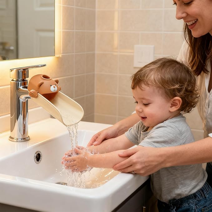 Faucet Extender for Toddlers with Temperature Sensor, Sink Extender for Kids Hand Washing, Fits Most Standard Bathroom Kitchen Faucets (Not for Pull-Out or Extra Wide), Cute Bear Design