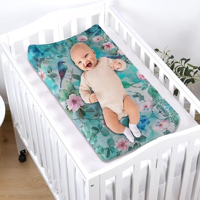 Green Bird Changing Pad Covers Safe Baby Diaper Change Table Covers, Reusable Change Pad Cover Fit for Most Change Pad Machine Washable