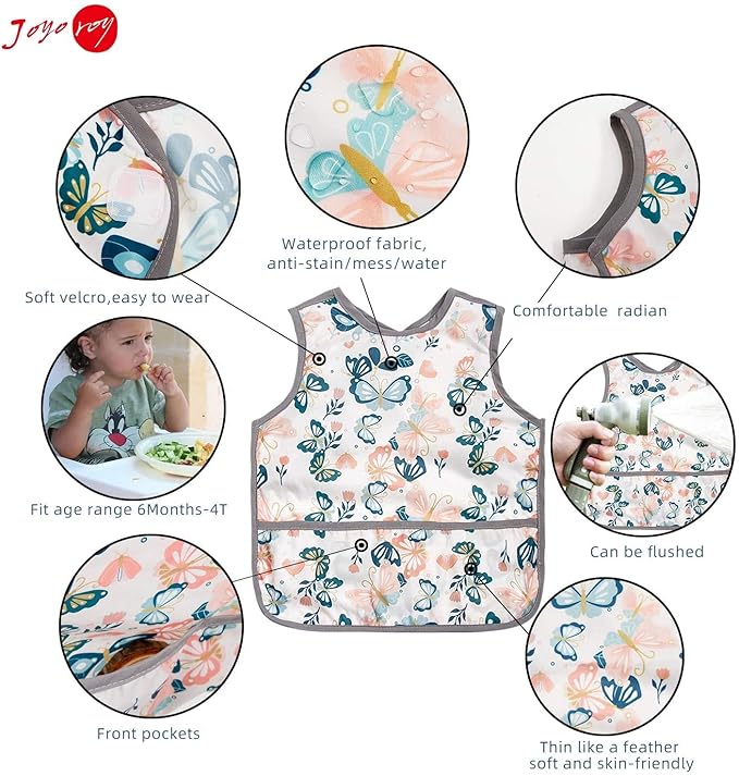 Joyo roy Mess Proof Baby Bibs for Eating Waterproof Toddler Bibs 1-3 Years Soft Machine Washable Sleeveless Baby Smock Bib for Girls Travel Reusable Led Weaning Apron for Feeding Bib with Food Catcher