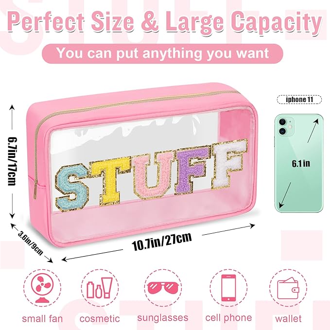 Chenille Letter Clear Makeup Bags Stuff Pouch, Preppy Patch Makeup Bag with Zipper, Transparent PVC & Nylon Waterproof Portable Glitter Cosmetic Bag Travel Toiletry Storage for Women Girls(STUFF-Pink)