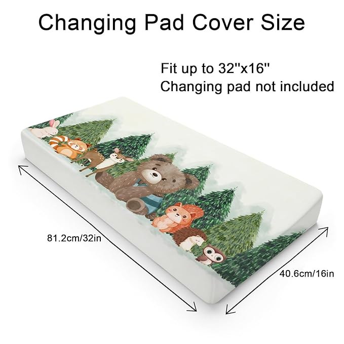 Cute Animals Green Pine Trees Baby Changing Pad Covers Bear Raccoon Squirrel Deer Rabbit Hedgehog Owl Diaper Change Table Cover Sheets for Boys Girls Soft Stretch Changing Table Mats 32''x16''
