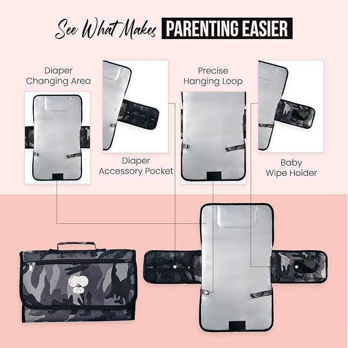 Black Grey Baby Camo Portable Diaper Changing Pad Waterproof Foldable Travel Mat with Pockets Soft Oxford Fabric Lightweight Compact Changing for Parents Multiple Pockets for Storage